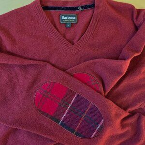 Barbour Red V-Neck Sweater with Plaid Elbow Patches